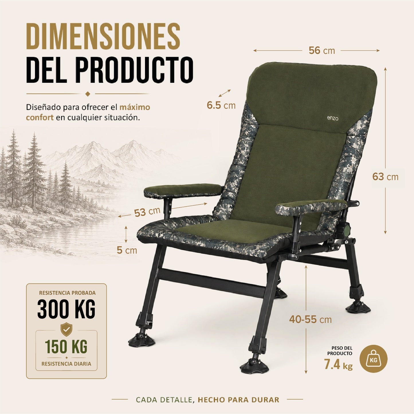 CUZO Enzo - Sillón Premium Grande Plegable para Camping, Pesca, Jardín y Exterior, color Verde Camo